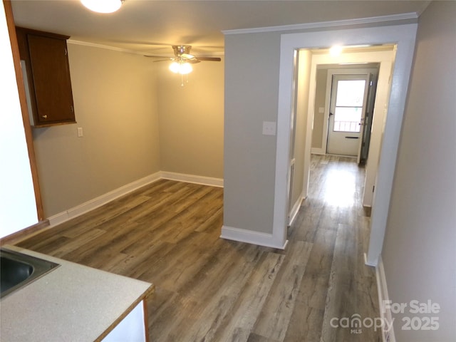 corridor featuring sink, dark wood-type flooring, and ornamental molding