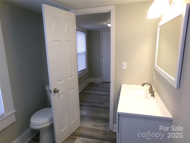 bathroom with vanity, hardwood / wood-style flooring, and toilet