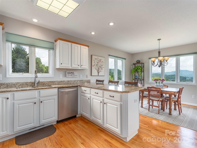 kitchen with kitchen peninsula, white cabinetry, sink, and stainless steel dishwasher