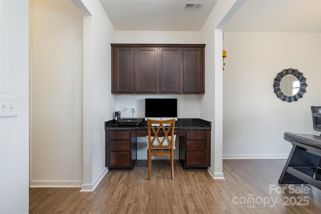 office featuring built in desk and wood-type flooring