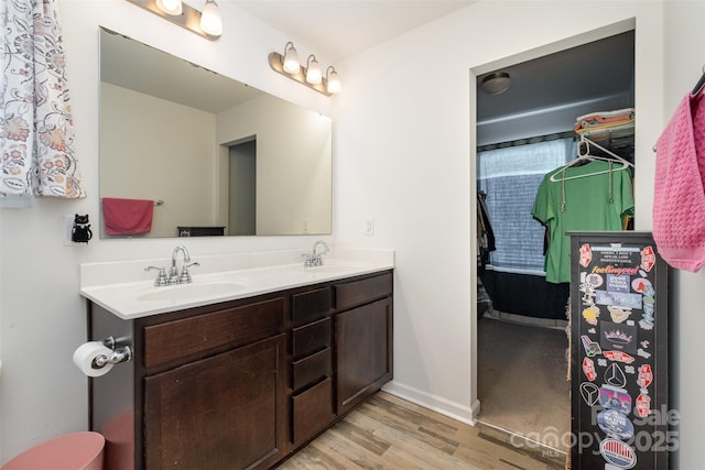 bathroom with hardwood / wood-style floors and vanity