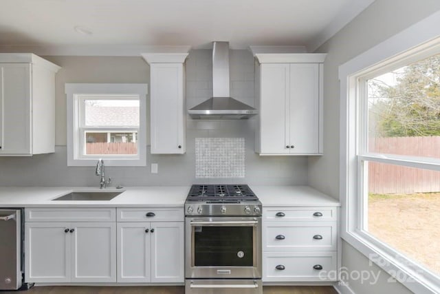 kitchen with backsplash, wall chimney range hood, sink, white cabinetry, and stainless steel appliances