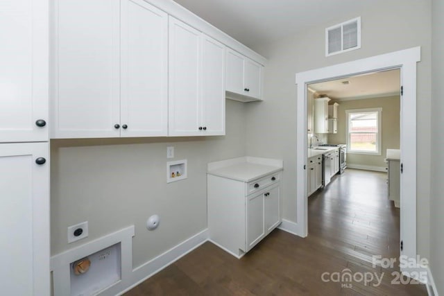 clothes washing area featuring sink, cabinets, washer hookup, electric dryer hookup, and hookup for a gas dryer