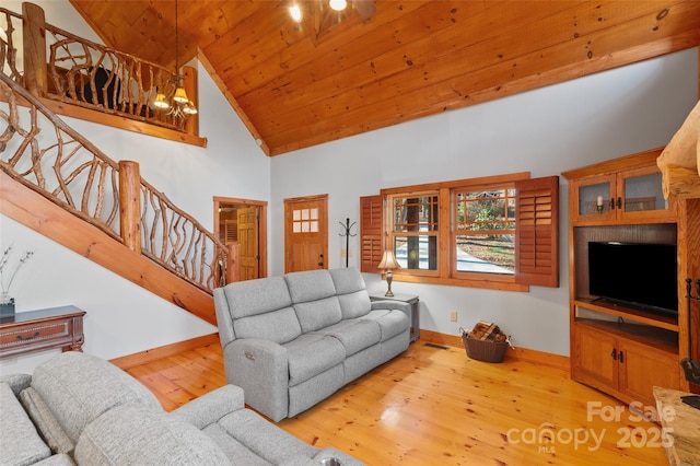 living room with high vaulted ceiling, wood ceiling, and light hardwood / wood-style floors