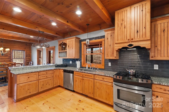 kitchen with sink, hanging light fixtures, appliances with stainless steel finishes, kitchen peninsula, and beam ceiling