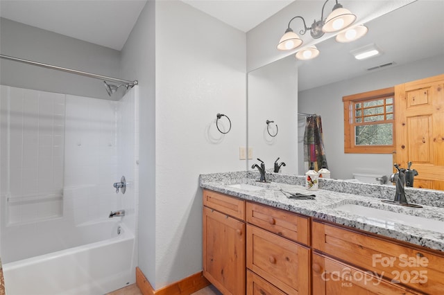 full bathroom with vanity, toilet, and shower / bathtub combination with curtain