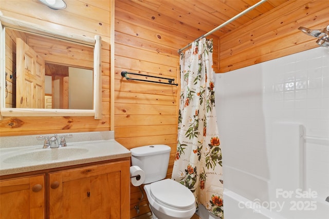 full bathroom with shower / tub combo with curtain, wooden walls, vanity, wood ceiling, and toilet