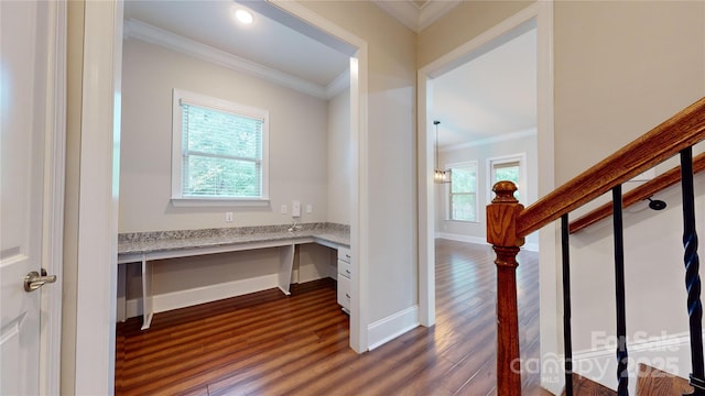 interior space featuring ornamental molding, built in desk, and hardwood / wood-style flooring