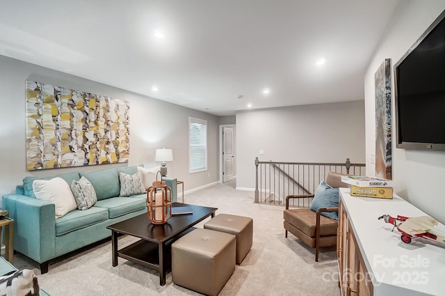 living room featuring light colored carpet