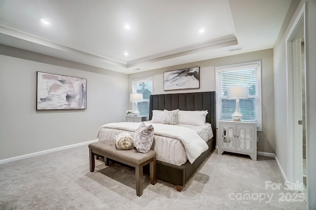 bedroom with light colored carpet and a tray ceiling