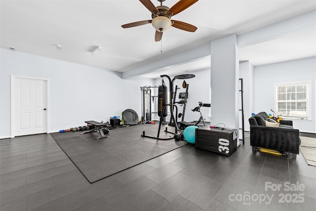 workout room with ceiling fan