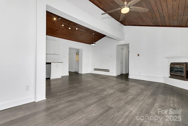 unfurnished living room with heating unit, dark hardwood / wood-style floors, wood ceiling, and vaulted ceiling