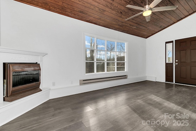 unfurnished living room with wood ceiling, heating unit, ceiling fan, a baseboard radiator, and lofted ceiling