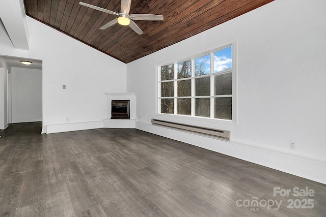 unfurnished living room featuring dark wood-type flooring, vaulted ceiling, baseboard heating, and wooden ceiling