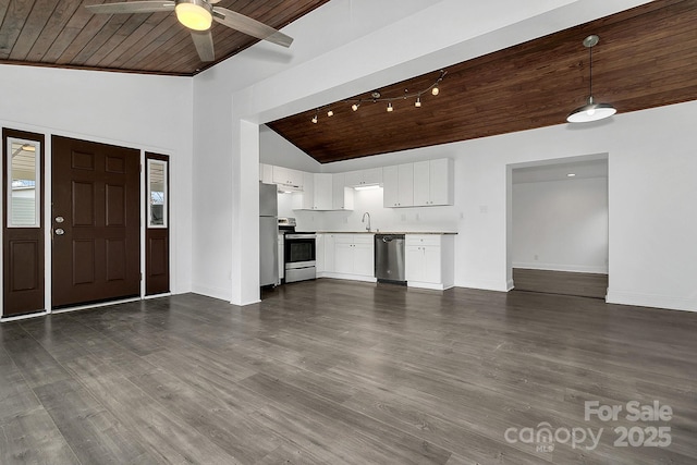 unfurnished living room featuring ceiling fan, sink, dark hardwood / wood-style flooring, high vaulted ceiling, and wood ceiling