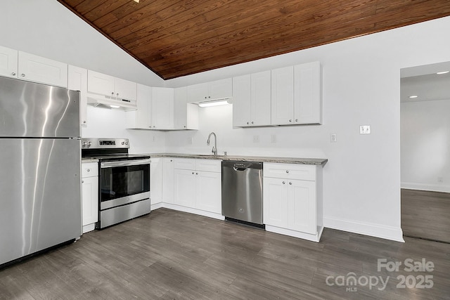 kitchen with light stone countertops, white cabinetry, sink, stainless steel appliances, and wooden ceiling