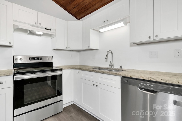 kitchen featuring white cabinets, appliances with stainless steel finishes, wooden ceiling, and sink