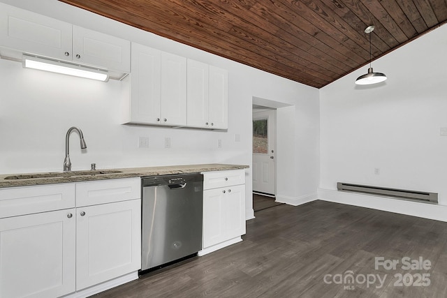 kitchen with decorative light fixtures, stainless steel dishwasher, white cabinetry, and a baseboard heating unit