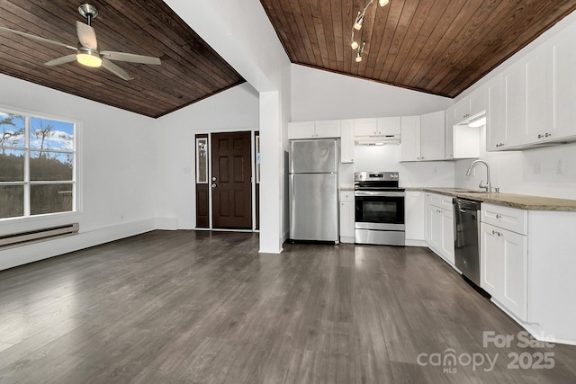 kitchen featuring sink, wooden ceiling, dark hardwood / wood-style flooring, white cabinets, and appliances with stainless steel finishes