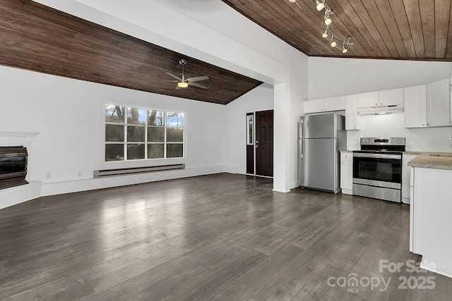 kitchen featuring wooden ceiling, white cabinets, a baseboard radiator, dark hardwood / wood-style flooring, and stainless steel appliances