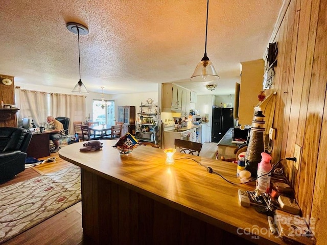 office space with a chandelier, a textured ceiling, and light wood-type flooring