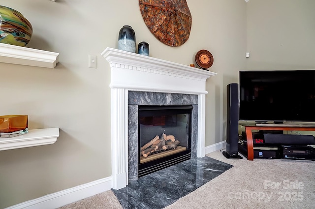 interior details with a fireplace and carpet