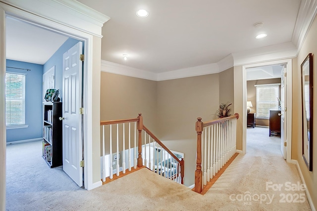 hallway with ornamental molding and light colored carpet