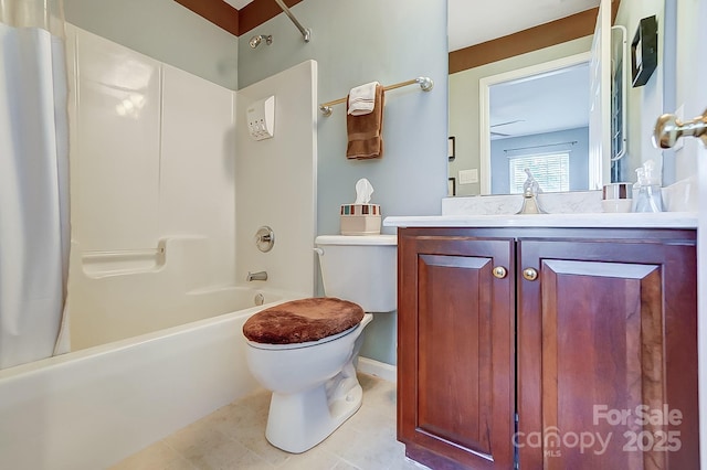 full bathroom with shower / bath combination with curtain, tile patterned floors, vanity, and toilet