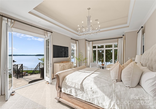 bedroom with access to outside, a tray ceiling, and multiple windows