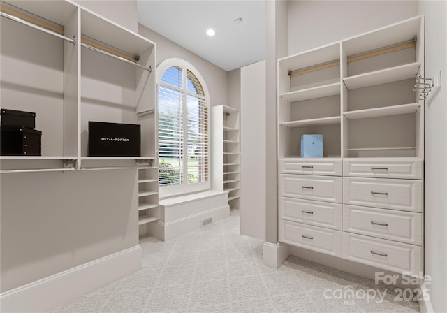 spacious closet featuring light carpet