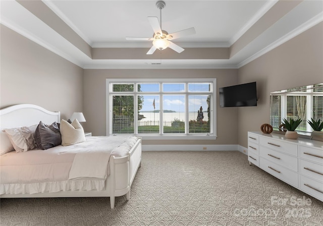 bedroom with a raised ceiling, ceiling fan, and ornamental molding