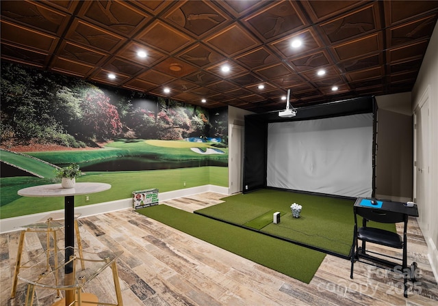 playroom featuring hardwood / wood-style floors and golf simulator