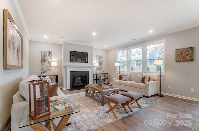 living room featuring ornamental molding and light hardwood / wood-style flooring