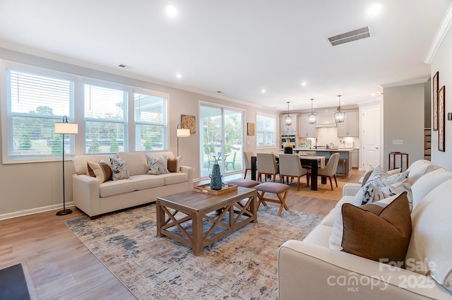 living room featuring ornamental molding and light hardwood / wood-style floors