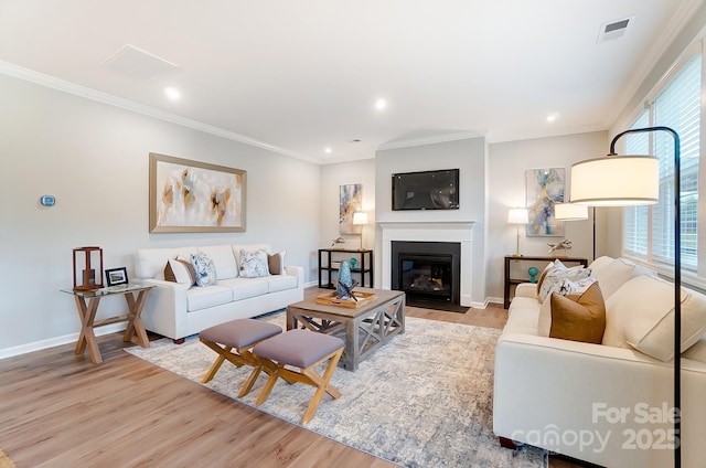 living room featuring crown molding and light hardwood / wood-style flooring