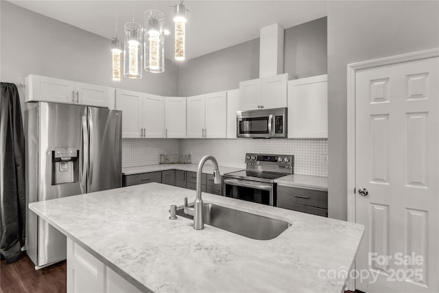 kitchen with stainless steel appliances, a center island with sink, pendant lighting, and white cabinetry