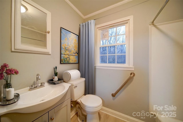 bathroom featuring walk in shower, lofted ceiling, toilet, vanity, and ornamental molding