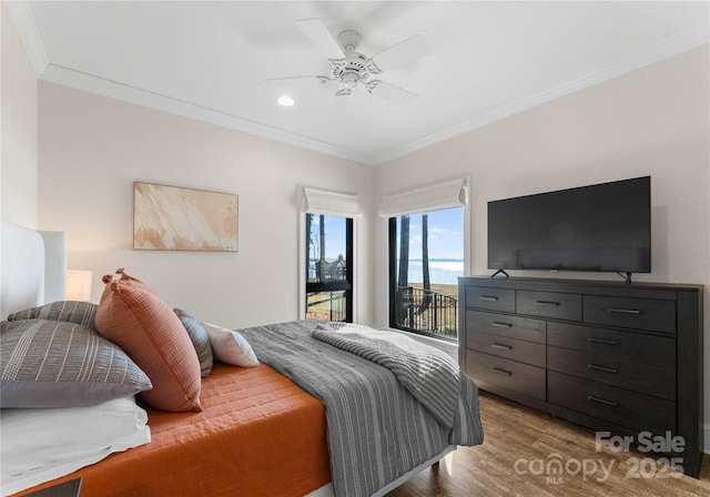 bedroom with access to outside, ceiling fan, hardwood / wood-style floors, and ornamental molding