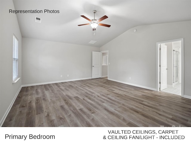 empty room with ceiling fan, wood-type flooring, and lofted ceiling