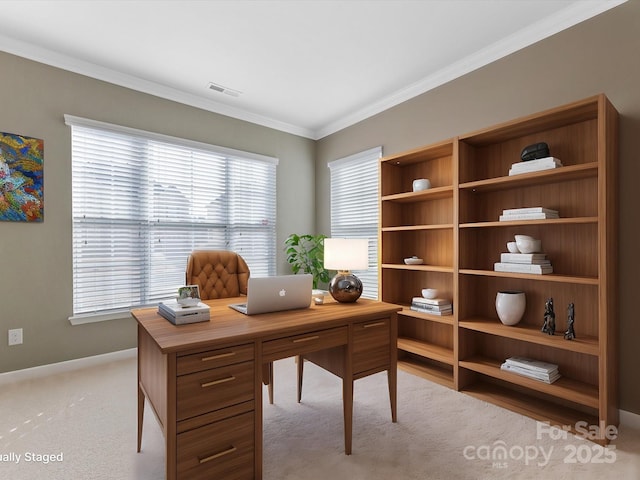 carpeted office with a healthy amount of sunlight and ornamental molding