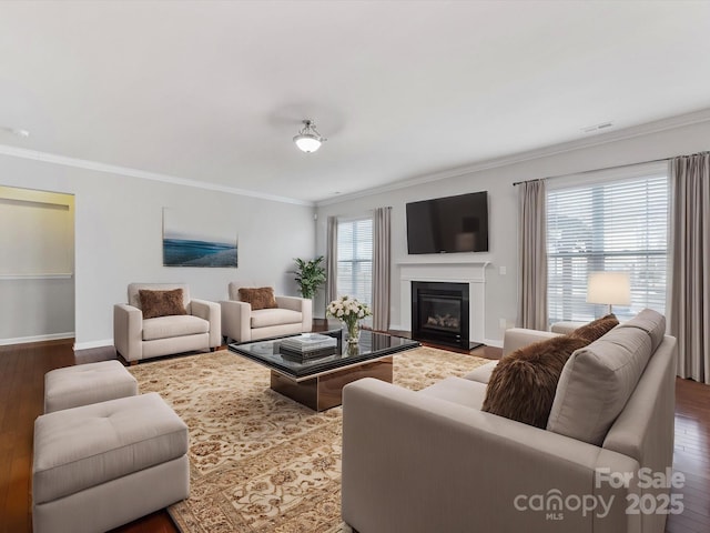 living room with hardwood / wood-style floors and crown molding