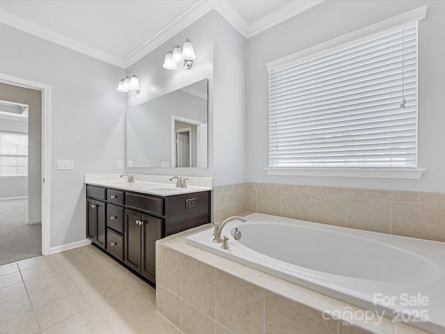 bathroom featuring tiled tub, tile patterned flooring, vanity, and ornamental molding