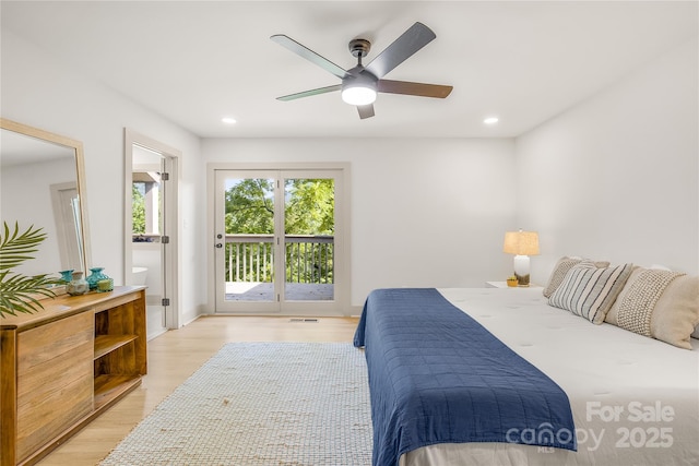 bedroom with ceiling fan, access to exterior, light wood-type flooring, and connected bathroom