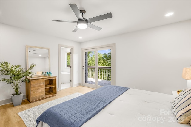 bedroom with access to outside, light hardwood / wood-style flooring, ceiling fan, and ensuite bathroom