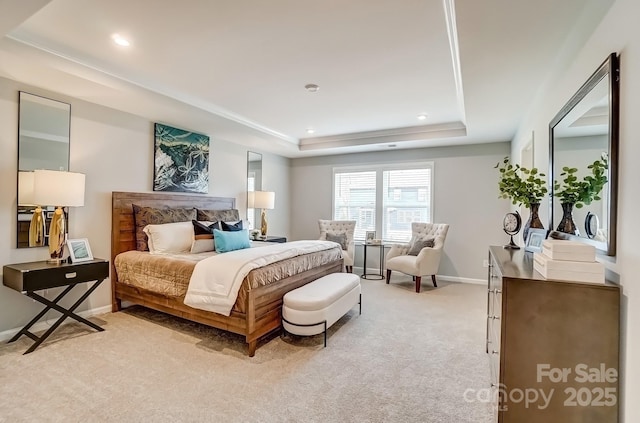 bedroom featuring recessed lighting, a raised ceiling, light colored carpet, and baseboards