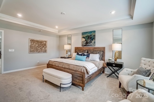 carpeted bedroom featuring a tray ceiling, baseboards, and recessed lighting