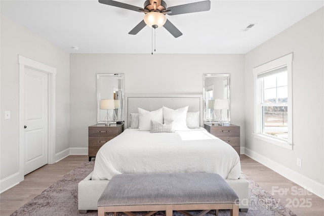 bedroom featuring ceiling fan and light hardwood / wood-style floors