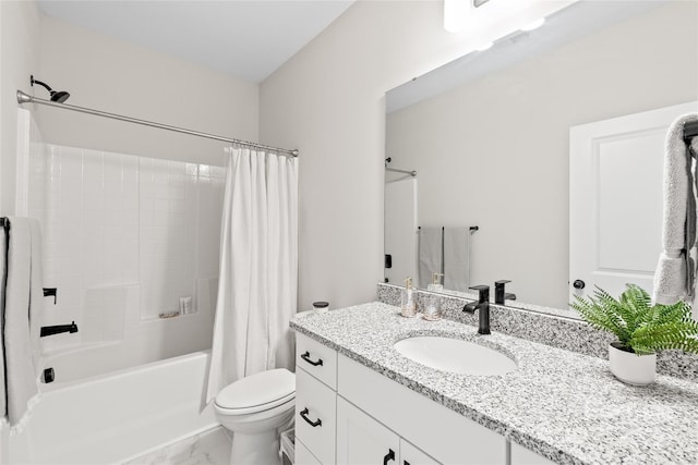 full bathroom with shower / bathtub combination with curtain, vanity, and toilet