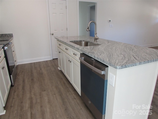 kitchen with sink, stainless steel dishwasher, an island with sink, light stone counters, and white cabinetry