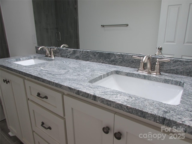 bathroom featuring vanity and a shower with shower door